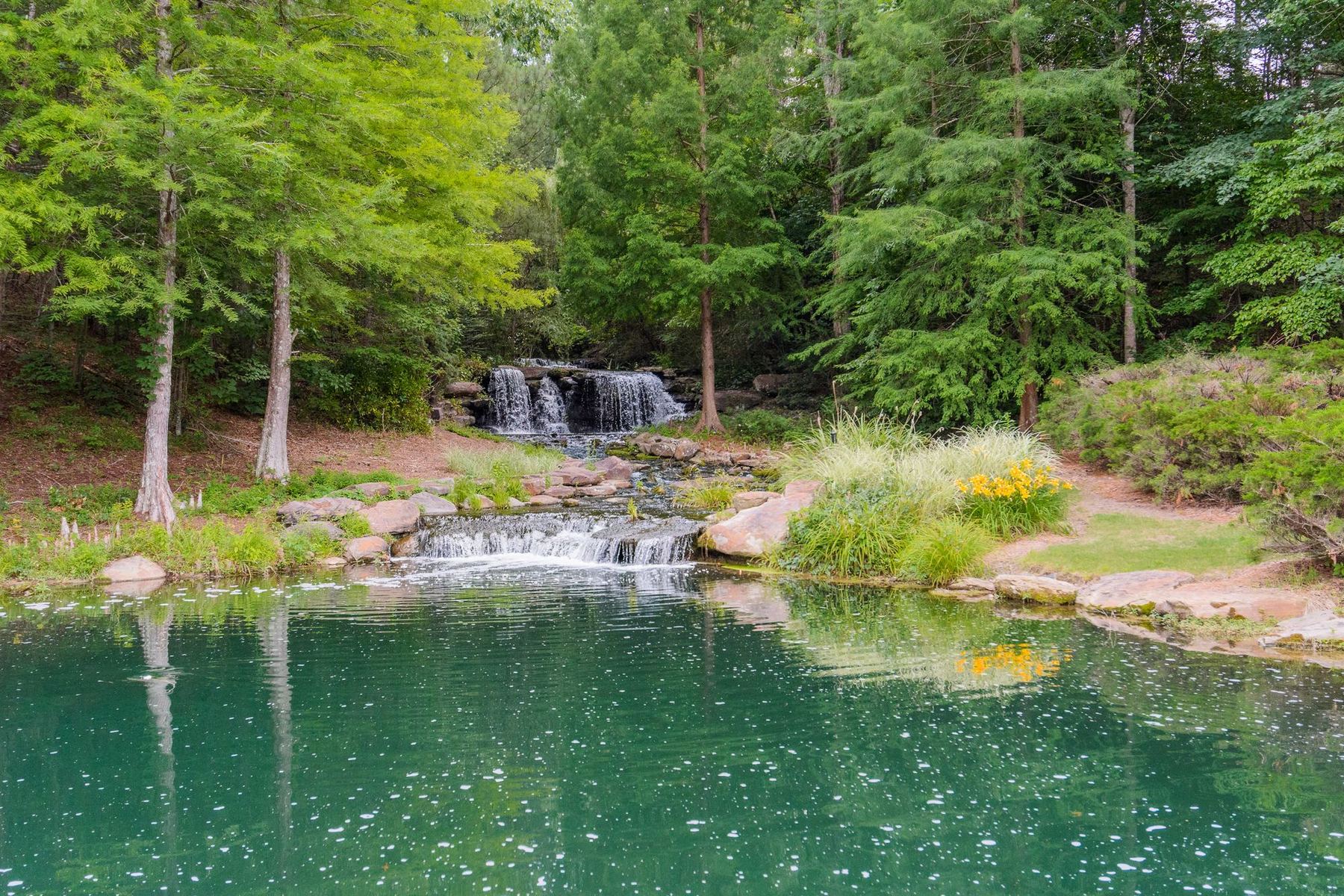 Waterfall feeding a pond among tall trees in Liberty Park
